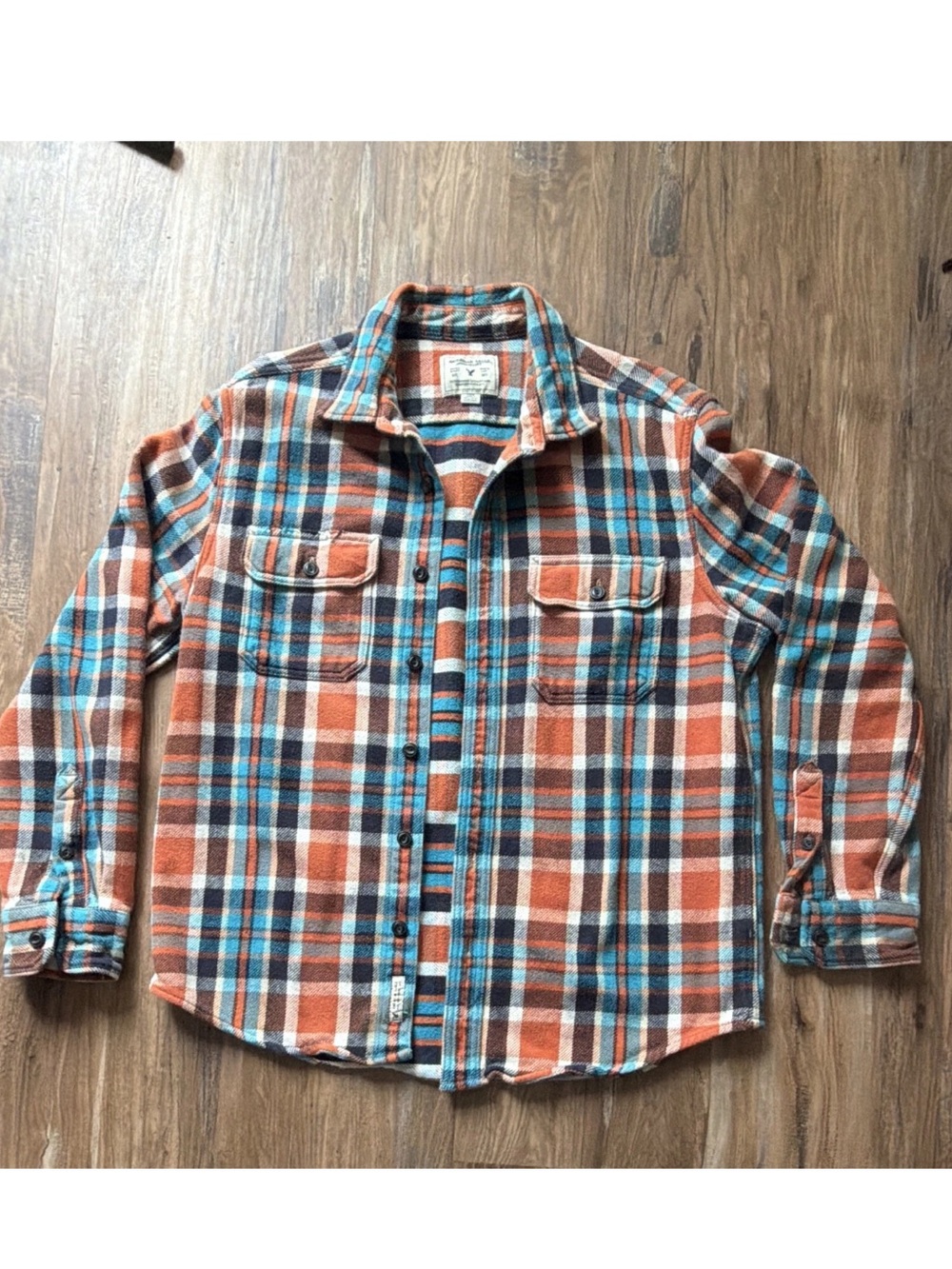 Men's American Eagle Vintage Orange and Teal Plaid Button-Up Shirt